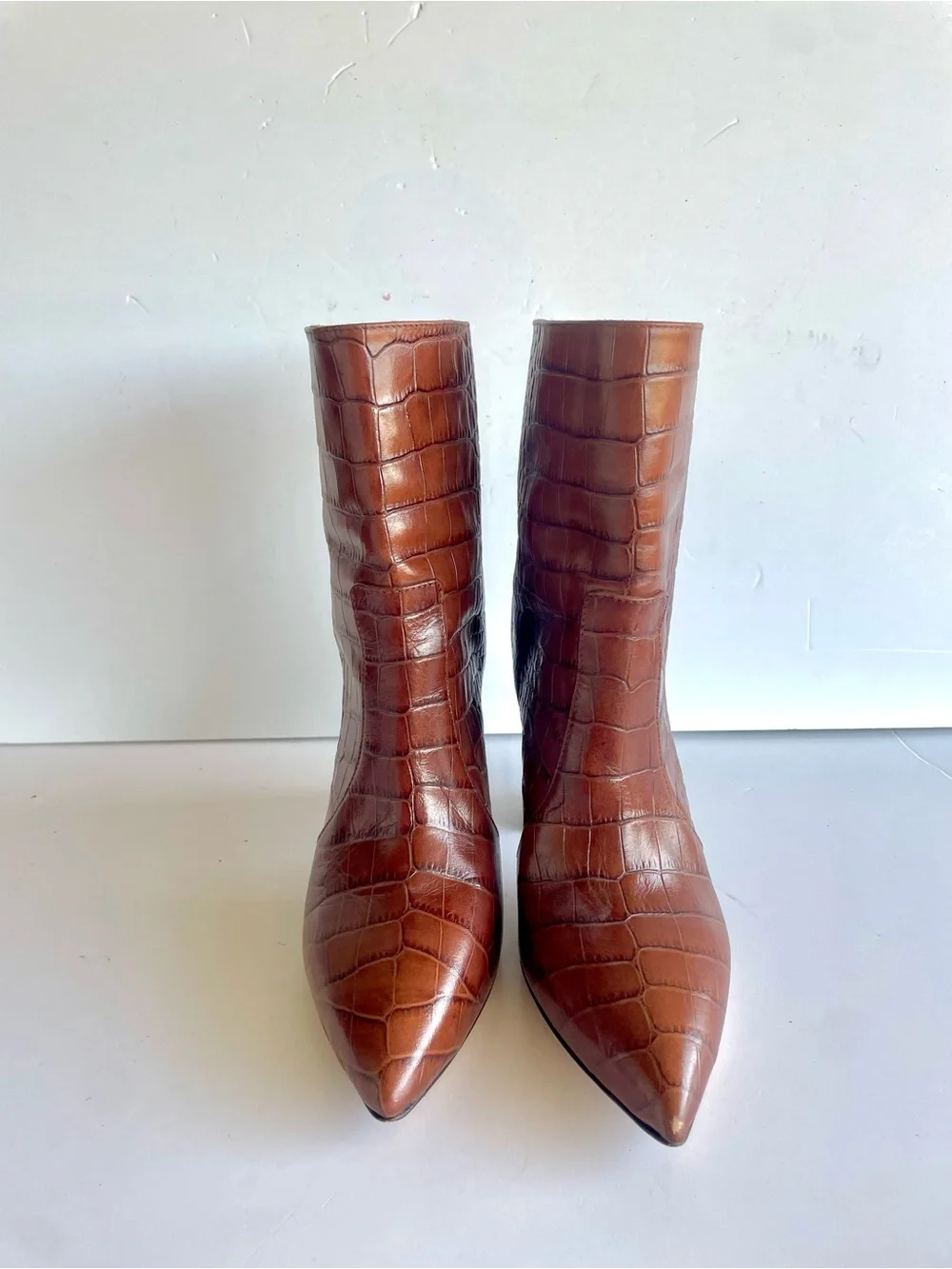 Paris Texas Brown Croc-Embossed Pointed-Toe Ankle Boots
